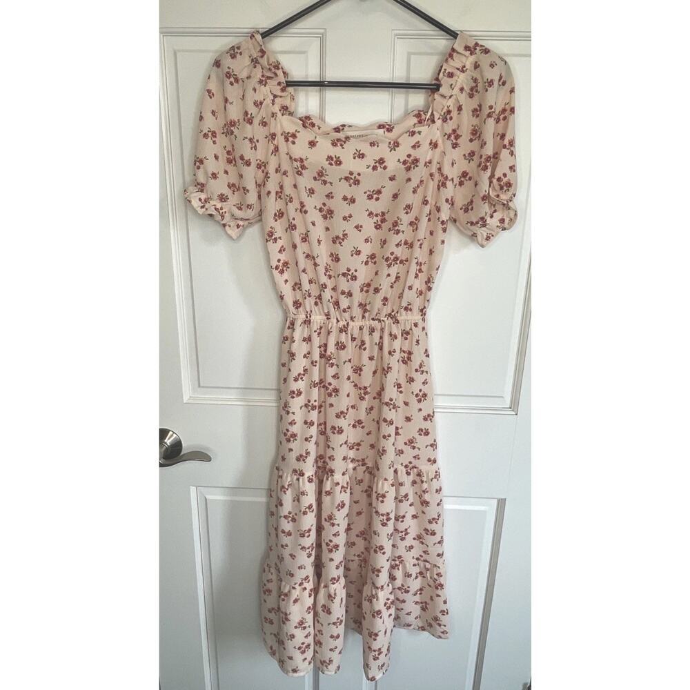 Monteau Los Angeles Women’s Peasant Tiered Dress Sz S Puff Sleeve Ditsy Floral